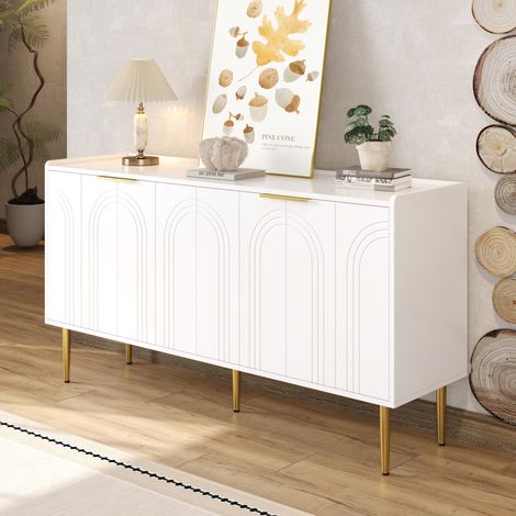 Buffet 4 portes avec étagères réglables 140x38x75 cm blanc, panneaux de bois MDF, FloraGrace (1/5)