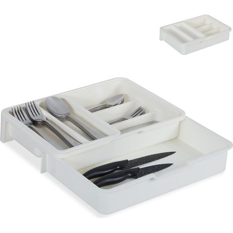 Range couverts,7 casiers, extensible couvert et ustensiles de cuisine, plastique, 6 x 23,5x31,5cm blanc (1/5)