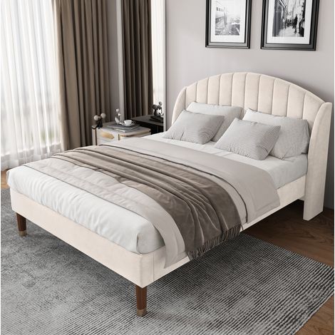 Letto imbottito moderno in velluto beige 140x200 cm con testiera alta e rete a doghe (1/5)