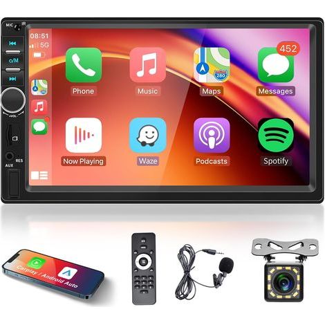 Autoradio 2 Din Apple Carplay et Android Auto – Écran tactile 7 pouces HD 1080P – Bluetooth mains libres – Caméra de recul – Mirror Link (1/5)