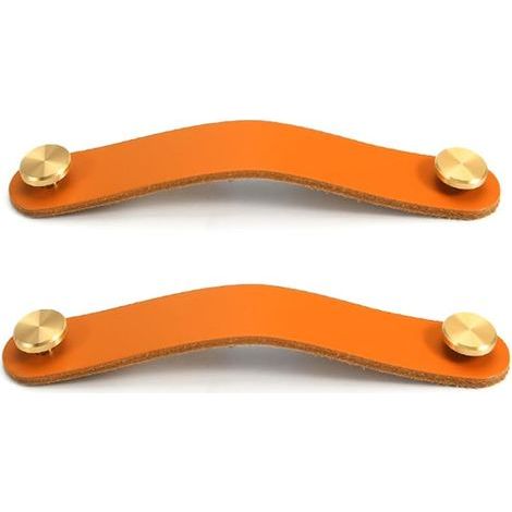 Ensemble de 2 poignées de porte d'armoire en laiton et cuir orange, longueur 130 mm, avec vis, adaptées aux armoires et aux cuisines (1/5)