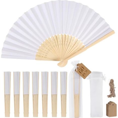60 éventails en papier blanc, éventails pliants avec 60 sachets en organza et cartes de remerciement, éventails en bambou pour mariages, baptêmes, décorations de fête à faire soi-même (1/5)