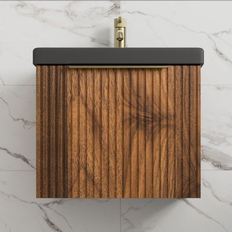 Fluted 500mm Bathroom Vanity Unit Basin Wall Hung Cupboard Soft Close Walnut (1/5)