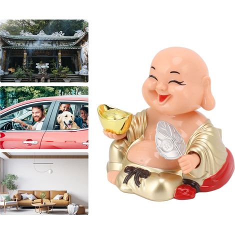 Decoración de Buda Sonriente [Decoración de Buda para el hogar y el coche] Escultura de plástico con iluminación solar automática, adecuada para la oficina, la ventana, el salpicadero, el coche, el re (1/5)