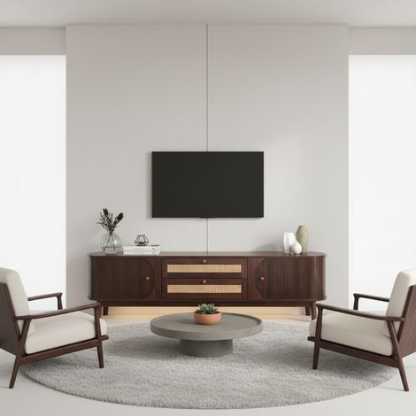 URBAN MEUBLE Meuble TV en effect bois noyer et rotin avec portes coulissantes - style rétro 170x39.5x46cm (1/5)