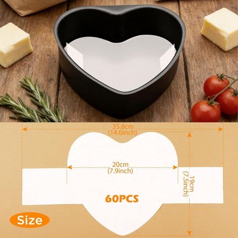 Carta da forno a forma di cuore da 20 cm, 60 stampini con linguetta a leva, rivestimento antiaderente, carta da forno pretagliata per cuocere biscotti e pane (1/5)