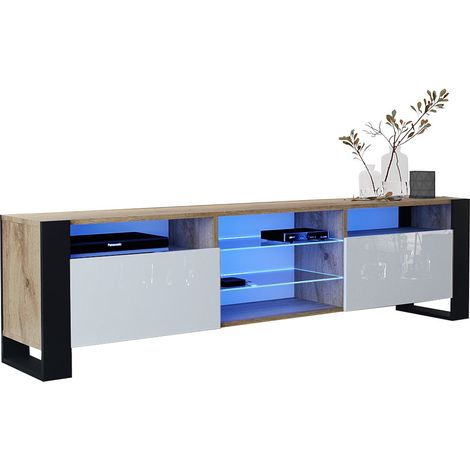 Dusine – Meuble TV 200 cm avec lumières LED USB – Chêne mat et blanc laqué – Style industriel – Compartiments de rangement pratiques (1/4)
