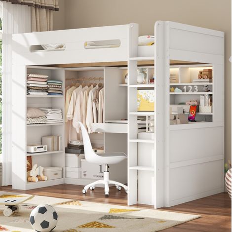 Hochbett 90x200 cm mit Schreibtisch, Schrank, Schublade, Regalen, LED, USB, weiß (1/5)