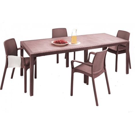 Dmora - Tisch- und Stuhlset Manarola, ausziehbares rechteckiges Außenregal mit 4 Stühlen inklusive, Gartentisch und Sitze in Rattanoptik, 100 % Made in Italy, Braun, mit verstärkter Verpackung