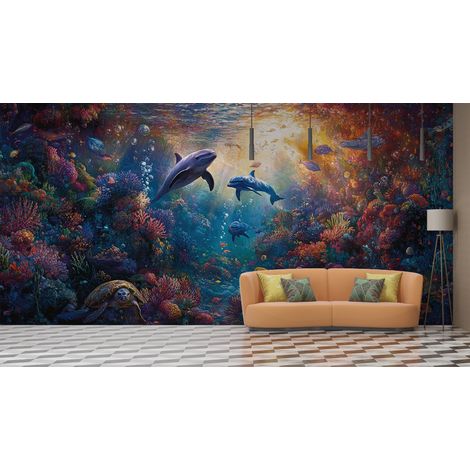 Papier peint animaux dauphins au coeur du recif - 150 x 250 cm (1/2)