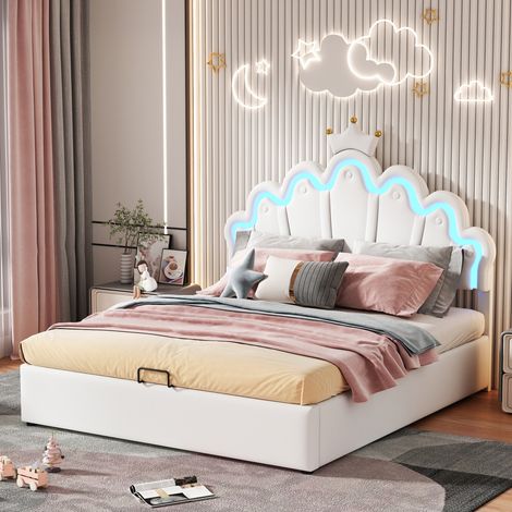 MEUBLIV Lit 140x200 cm blanc – tête de lit couronnée, LED et rangement, sans matelas (1/5)
