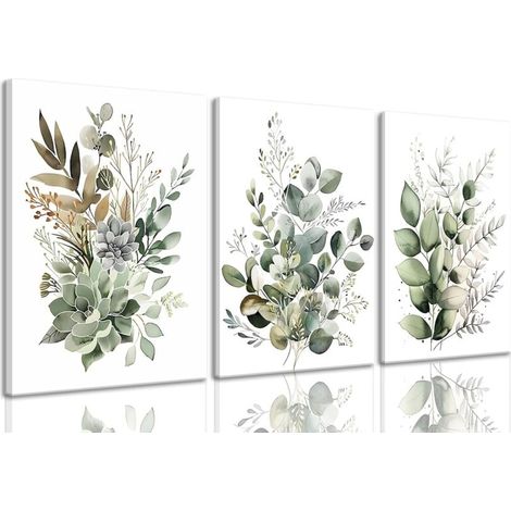 Un ensemble de trois tableaux encadrés, aquarelles florales sur toile, dans un style bohème minimaliste moderne (tableaux seulement). (1/4)
