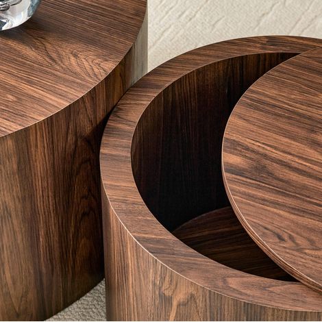 Lot de 2 tables basses gigognes rondes avec rangement, MDF aspect bois foncé, couvercle amovible, grande et petite, pour salon moderne et compact CHICFURN (1/5)