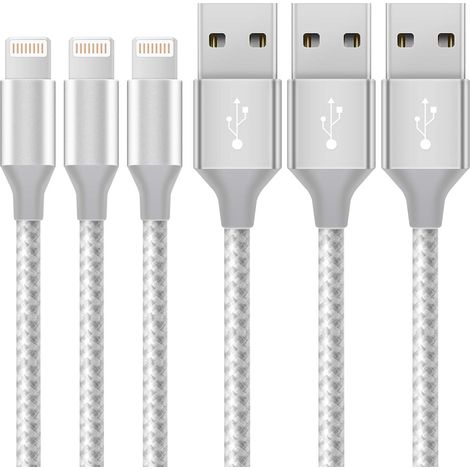 Lot de 3 câbles de charge pour iPhone, 1 m, en nylon tressé, blanc, pour charge et synchronisation rapides. (1/5)