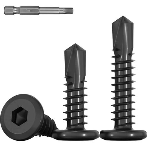 50 Pièces Vis Autoforeuse Metal Noir,M5,5x50mm Vis à Tôle Autotaraudese à Tete Plate Vis à Tôle à Six Pans Creu et Autoperceuse Autoperforante Inox 410 avec 1 Bits pour Alu Bois Plastique. (1/5)