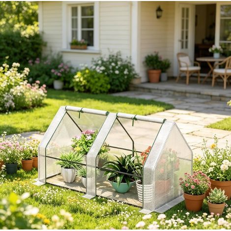 Mini serra da giardino 180 x 90 x 90 cm in acciaio e PEHD bianco OKMYHOME (1/5)