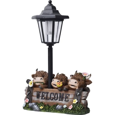 Statue de taureau des Highlands pour jardin - Ornement de taureau en résine à énergie solaire avec luminaire intégré (1/5)