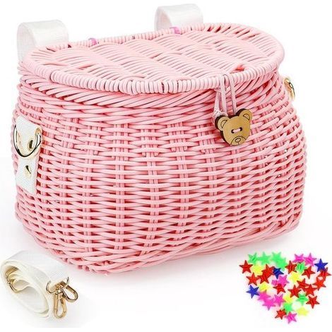 Panier Vélo Enfant - Tressé Main Plastique Rotin - Compatible Draisienne 12 À 20 Pouces - Avec Couvercle Et Bandoulière - 1 Pièce (1/5)