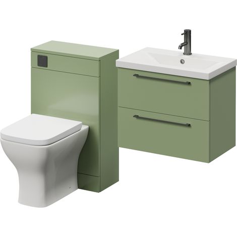Napoli 390 Olive Green 1100mm Wall Mounted 2 Drawer Vanity Unit and Toilet Suite with Glide Basin - 1100mm - Gunmetal Grey 320mm HandleWith Kingston Toilet Pan and Seat