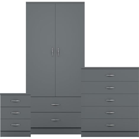Riano 3 Piece Bedroom Set (3 Drw Bedside Chest, 5 Drw Chest, 2 Door 2 Drw Wardrobe), Grey (1/3)
