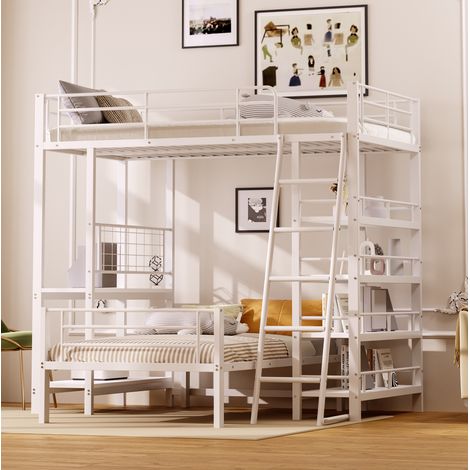 Letto a castello in metallo bianco 90x200 cm, soppalco con ripiani e rete a doghe (1/5)