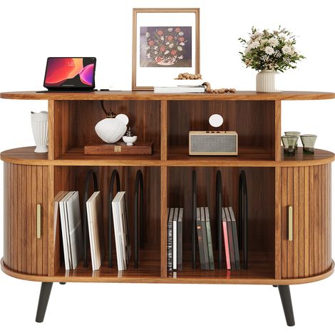 Armoire plateau, meuble hi-fi, buffet en MDF, pieds en fer ovales, poignée en aluminium, station de charge, passe-câbles, porte coulissante (1/4)
