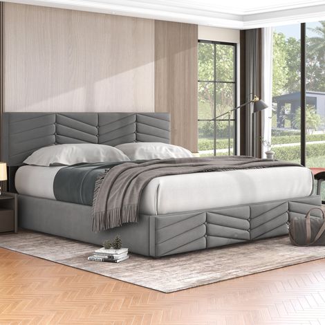 Cama con canapé 180 x 200 cm en terciopelo gris con cabecero regulable DESVIAE (1/5)
