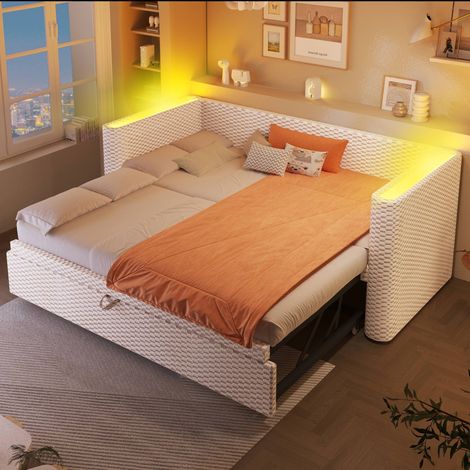 Lit gigogne banquette 90x200 cm en velours beige avec LED, lit extensible 180x200 cm, sommier à lattes inclus, sans matelas, canapé lit multifonction (1/5)
