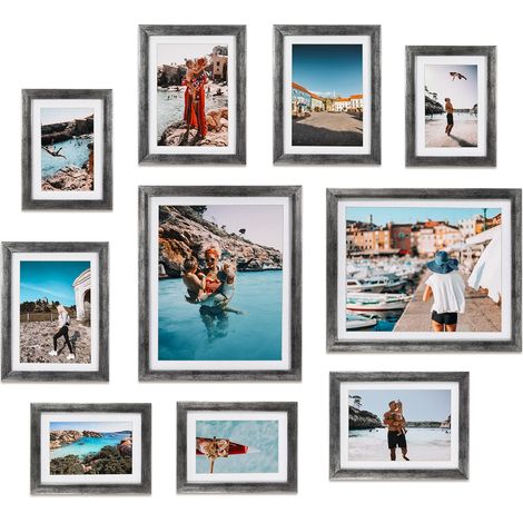 Lot de 10 cadres photo argentés antiques pour photos de plusieurs tailles, quatre 10 x 15 cm, quatre 12 x 17 cm, deux 20 x 25 cm, pour mur ou table, argent vieilli rustique (1/5)