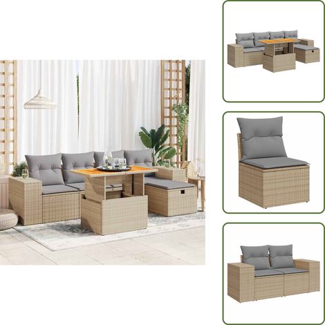 6-tlg. Garten-Sofagarnitur mit Kissen Beige Poly Rattan Akazie - Garten Sofagarnitur - Garten Sofagarnituren - Outdoor Sofagarnitur - Sofagarnitur Terrasse (1/5)