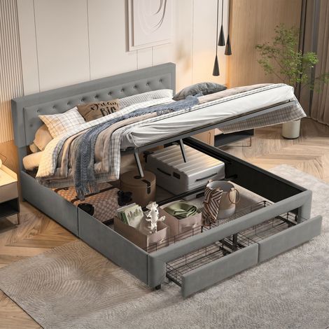 Lit coffre 180x200 cm avec tiroirs - Cadre de Lit RVB avec LED Connectées - Style Moderne - Velours - Gris (1/5)