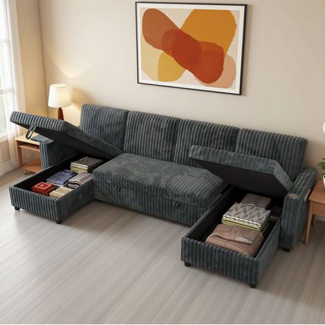 Sofá cama rinconera en U 2 en 1 extraíble con almacenaje, tejido de pana gris OKWISH (1/5)