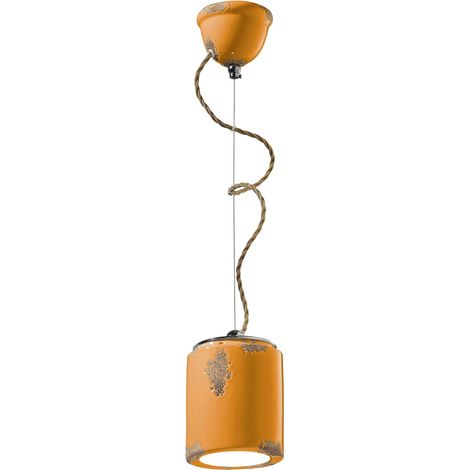Pendelleuchte Keramik Ø 12,5 cm H: max. 114 cm Gelb Shabby Antik E27 rund Vintage Keramikleuchte