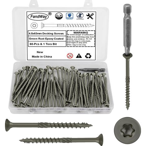 60 Pièces Vis à Bois Torx pour Panneaux D'aggloméré 4,5x63mm Vis à Tête Fraisée,Vis Autotaraudeuses Torx Universelles Pour Construction de Toiture,Terrasse Avec 1 T25 Bits.Vert époxy. (1/5)