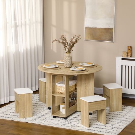 Juego de mesa y sillas de aglomerado de 5 piezas, mesa redonda plegable con 2 estantes abiertos y 4 taburetes color roble. (1/5)
