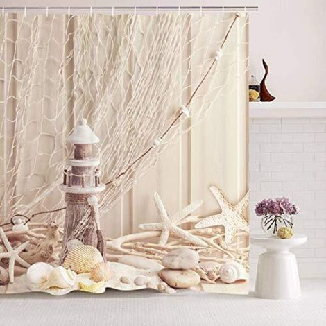Fabric shower curtain with rings – 180 x 180 cm – shell pattern – digital print – polyester – mildew resistant – beige (1/3)