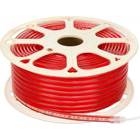 Striscia Led 220V AC IP65 Da 100 Metri, 10W/M 120SMD/M 1250LM/M, Trasparente Biadesivo Rosso Forte, Tagliabile Ogni 10cm, 10X5mm, Angolo 180°, IP65, Tanti Accessori Inclusi, Disponibili 3000K 4000K 60