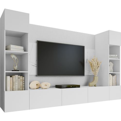 Mobilier1 – Ensemble de salon Comfivo 368 – Blanc et marbre blanc – Largeur 260 cm – Hauteur 150 cm – Stratifié moderne avec mécanisme 'Push to open'