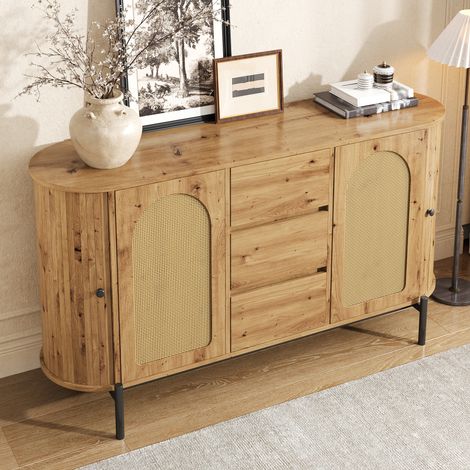 Buffet ovale 140x38x77,5 cm avec 2 portes coulissantes en rotin, 3 tiroirs et étagères ajustables, pieds métal,MDF,Naturel