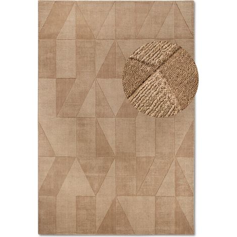 Tapis salon 190 x 280 cm, motif géométrique, laine noble tissée à la main, beige, marron, structure relief originale, pour un salon chaleureux