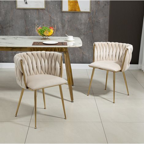 Lot de 2 chaises de salle à manger 55.5x41x74 cm ivoire en velours avec dossier tressé et pieds en métal doré (1/5)