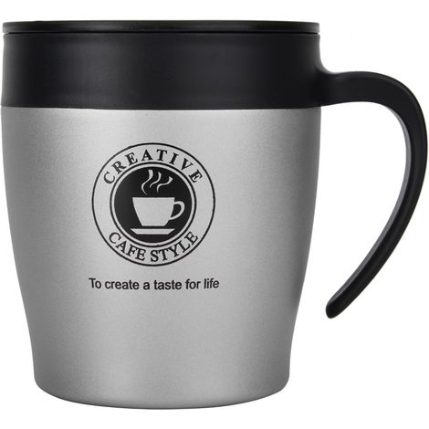 Mug isotherme en acier inoxydable avec cuillère et couvercle, idéal pour le bureau et les voyages (argenté) (1/5)