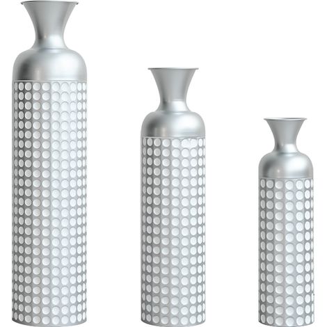 Set de 3 Vases Métalliques Argentés avec Motif à Points - Hauteurs 49,5/66/84 cm pour Décoration Intérieure (1/5)