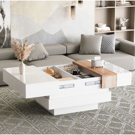 Table basse carrée 70 x 70 x 39 cm, plateau coulissant, rangement caché, blanc et bois (1/5)