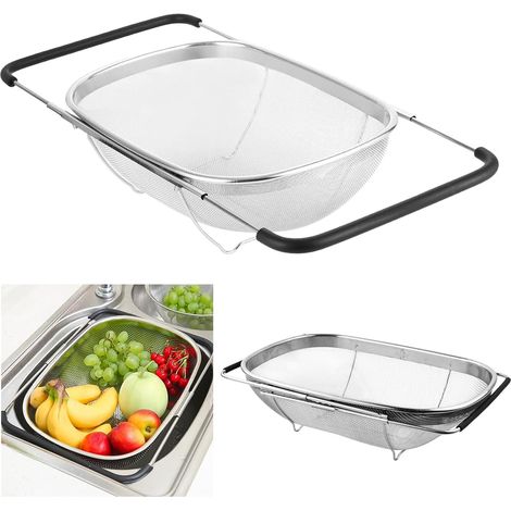 Passoire Cuisine Extensible pour Évier, Panier Évier Ovale en Acier Inoxydable avec Panier à Mailles Fines et Poignées Extensibles en Caoutchouc pour Égoutter Laver Les Fruits Légumes, 36-55.5x24x10cm (1/5)
