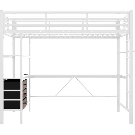 Cama alta 90 x 200 cm con escritorio LED puertos USB 3 cajones estantes y escalera blanca (1/5)