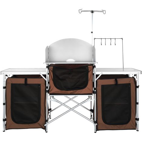 Mophorn Camping-Küchentisch, zusammenklappbare Outdoor-Kochstation mit Aufbewahrungstasche, Aluminiumtisch mit 3 Schränken und abnehmbarer Windschutzscheibe, schneller Aufba, braun (1/5)