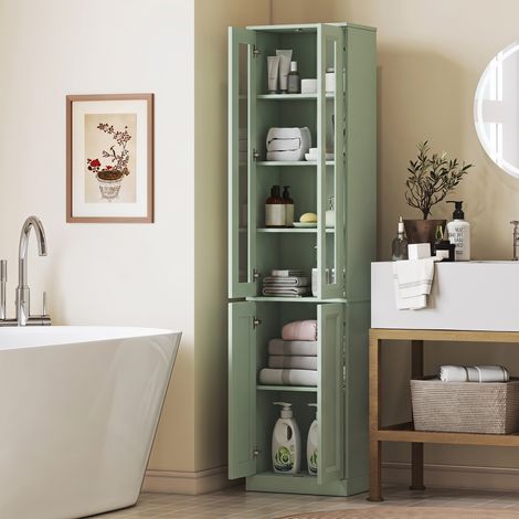 Étagère de Salle de Bains Haut 6 Niveaux, Tablette Ajustable, Vert Sauge, Meuble de Rangement Compact (1/5)