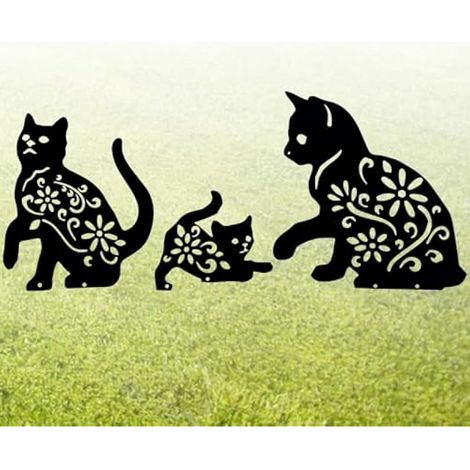 Chat en métal noir famille jardin extérieur, patins décoratifs animaux, art de jardin métal, sculpture ornementale jardin, décoration pelouse (1/4)