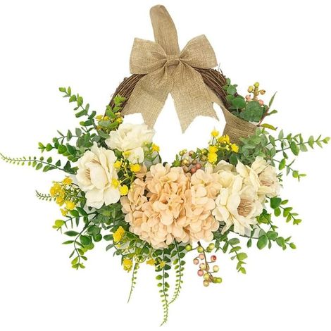 Ghirlanda decorativa primaverile con fiori – Ortensie ed eucalipto artificiali, per porta d'ingresso o matrimonio, 45 cm